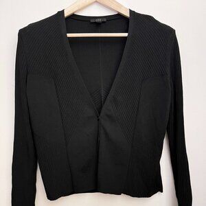 COS Black V Neck Cardigan Ribbed Knit Sleeves Structured Panel Front Size Large